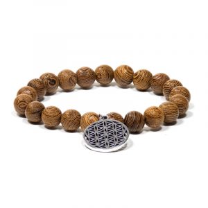 Mala/pulsera de Madera de Wengué elástica con la Flor de la Vida