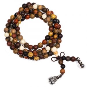 Pulsera Mala Elástica de Cuatro Tipos de Madera con Cuentas Decorativas