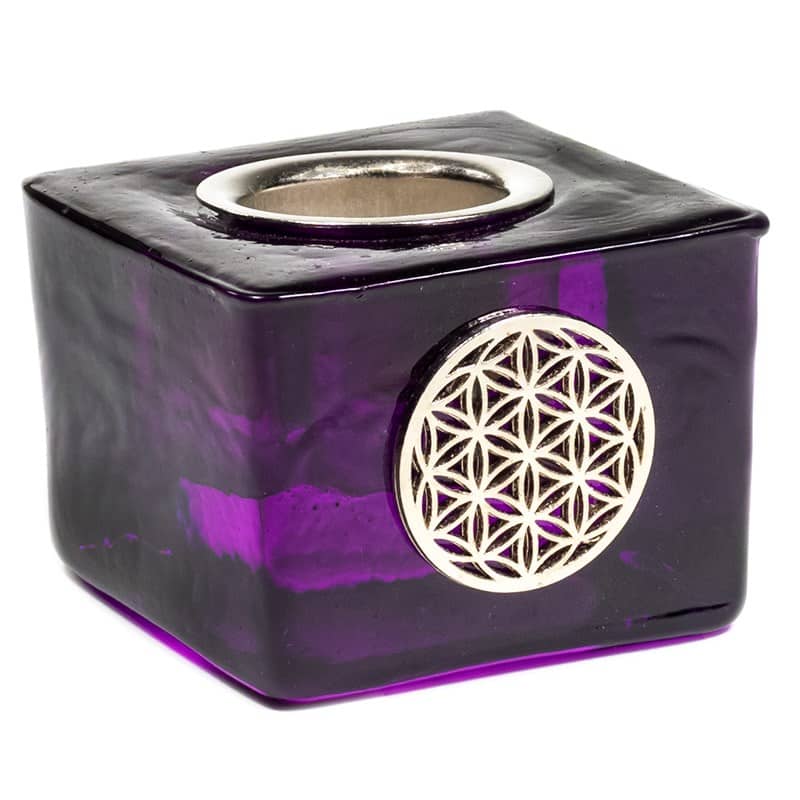 Portavelas Cubo con Flor de la Vida Morado