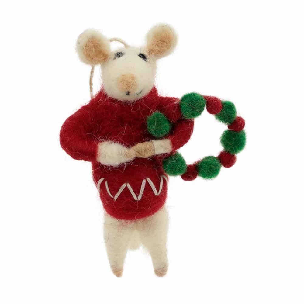 Ratón de Fieltro con Corona de Navidad
