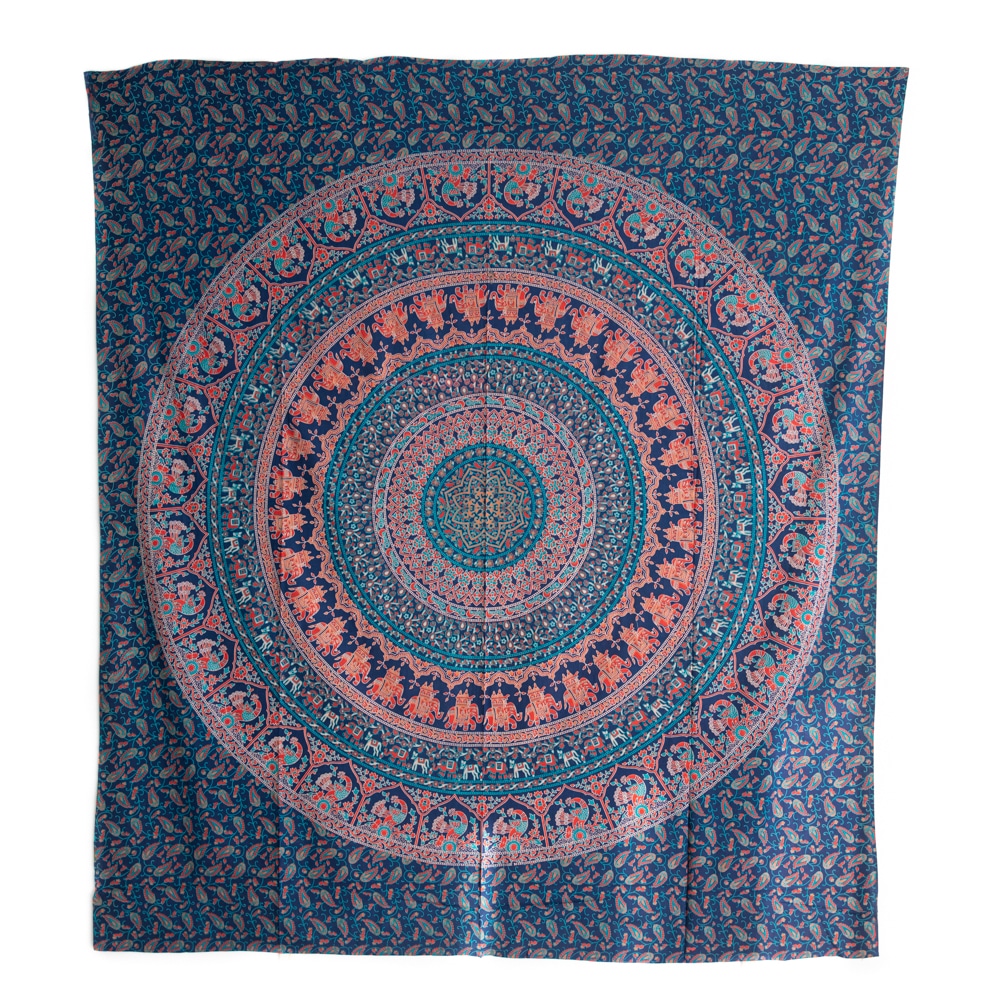 Tapiz de Algodón Auténtico Mandala del Reino Animal azul (240 x 210 cm)