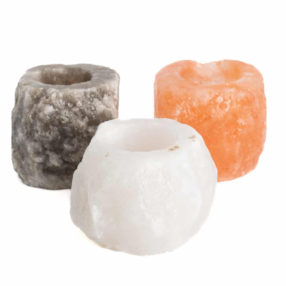 Set de 3 Portavelas de Piedras de Sal (400-700 gramos) - Naranja, Blanco, Gris - 9 x 9 x 10 cm